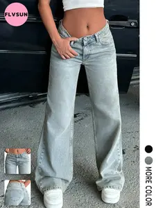 Flvsun Women's Baggy Jeans Y2K Low Waist Boyfriend Style Denim Pants Vintage Aesthetic Wide Leg Cargo Pants Teen Girls Streetwear Hip Hop Trousers with Pockets Casual Basic Light Blue Minimalist - Bottom, Womenswear