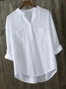 Women's Plain Button Front High Low Hem Shirt Blouse, Casual Long Sleeve Notched Neck Top for Daily Wear, Ladies Clothes for All Seasons