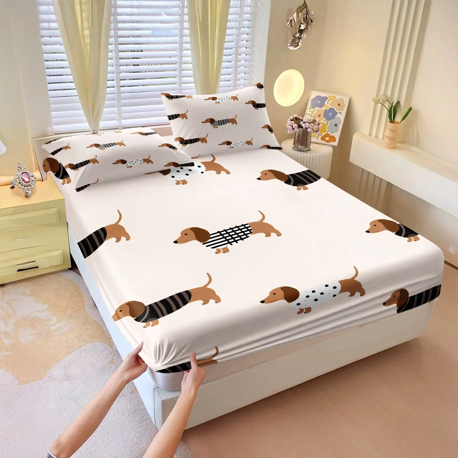 Dachshund Dog Fitted Sheet Set,Wiener Dog Floral Print Sheet Set,Includes 1 Fitted Sheet & 2 Pillowcases,Deep Pocket Design,Soft Cozy Bedding, Printed Bedding Set for Bedroom Dorm,Bed Sets,Bedding Supplies,Perfect Gift for Dachshund Lovers & Pet Owners