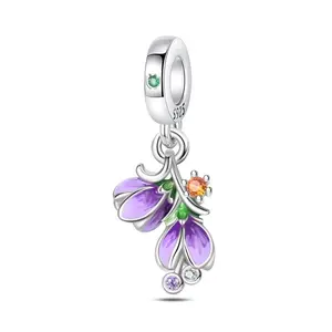 S925 Sterling Silver Original Jewelry Purple Flower Pendant Suitable for 3mm Original Bracelet Bracelet Necklace Keychain DIY Beaded Women's Fashion Jewelry Holiday Birthday Gift