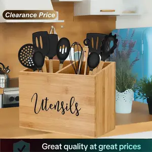Wooden Kitchen Utensil Caddy With 2 Compartments, Rustic Utensil Holder for Kitchen Countertop, Wood Utensil Crock Organizer Box for Farmhouse Kitchen Decor cooking utensils storage rack living room holiday organization