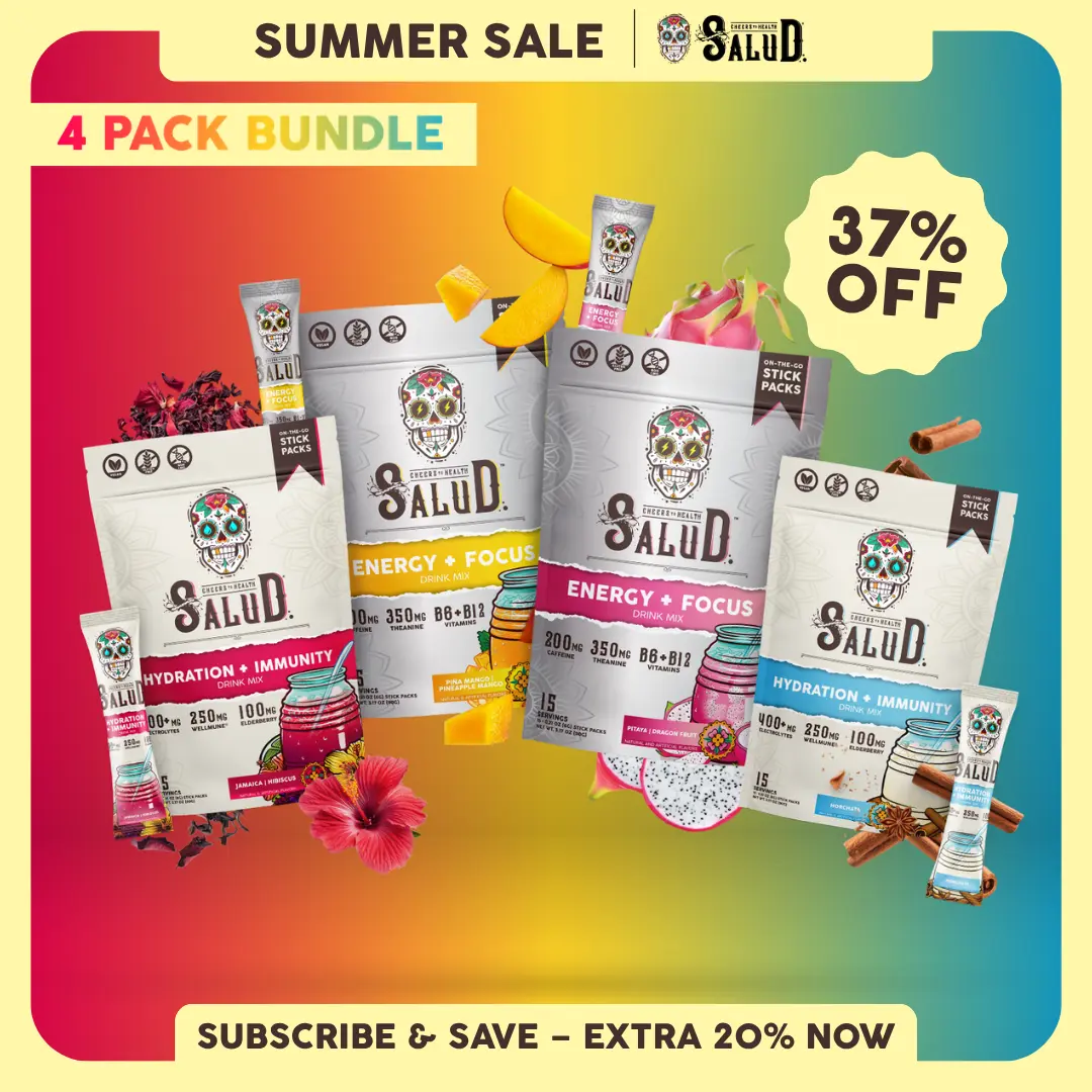 Salud 2-in-1 [Starter - All-In-One] Agua Fresca Drink Mix, Energy + Focus & Hydration + Immunity, Organic Caffeine, B6 & B12, Electrolytes, Elderberry, Non-GMO, Vegan, 1g Sugar (4-Pack, 60 Servings)