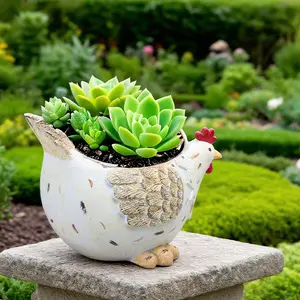 Chicken Bird Animal Planter Pot Garden Decoration, Ceramic Flowerpot with Decorative Figurine, Home & Outdoor Yard Ornament