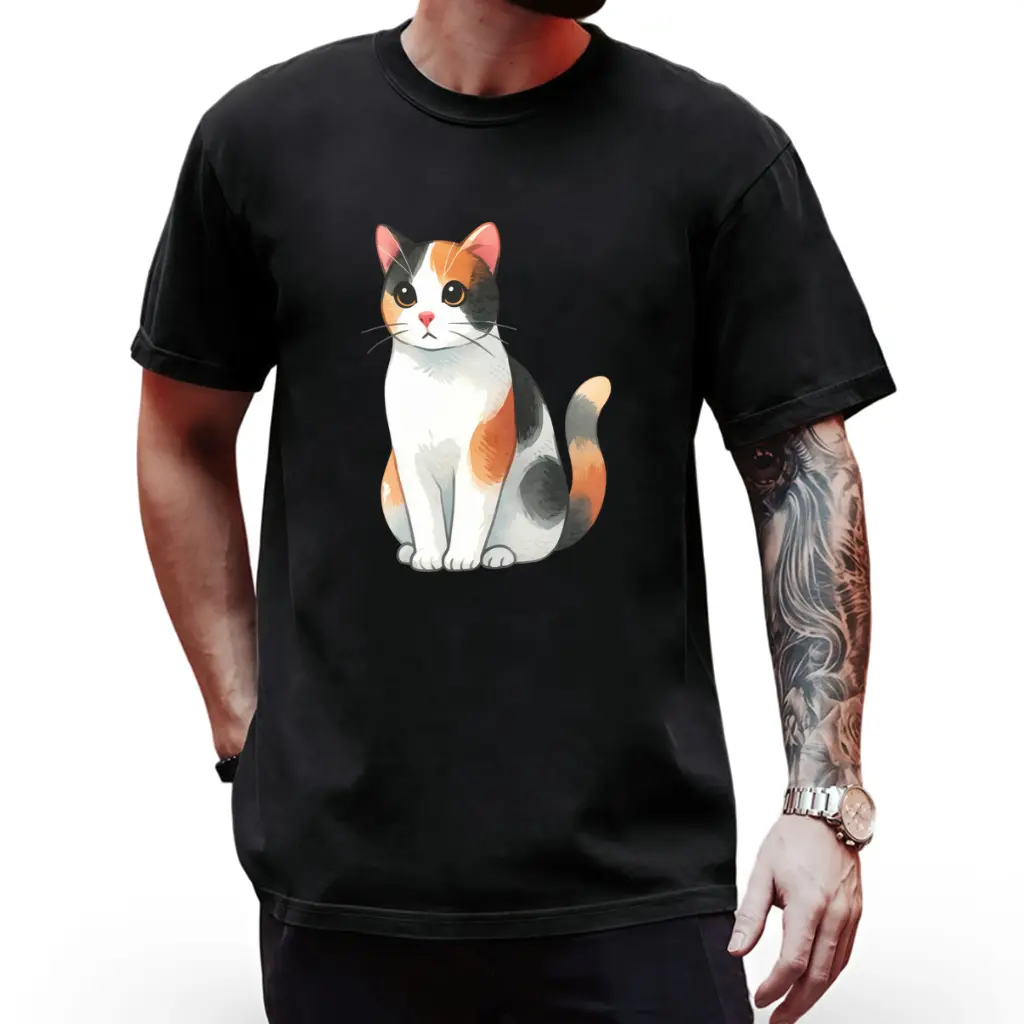Men' Vintage Calico Cat T-Shirt - Suitable for - Loose Fit Round Neck Tee with Calico Kitten, Casual Casual Attire for, Hand Washable Retro Shirt