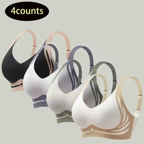 Women's Push Up Bras Seamless Wireless Adjustable, 4-Piece Set with Color-Block Design, Back Buckle Closure, Comfortable Smooth Chic Fit for Basic Everyday Wear