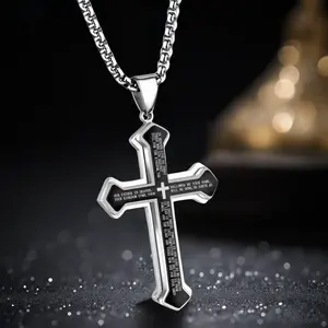 Men's Engraved Bible Verse Cross Pendant Rust-Proof Stainless Steel Religious Jewelry Perfect for Gifting & Personal Style