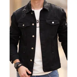 Men's Solid Color Denim Jacket, Casual Fashion Ripped Jacket for Daily Wear, Men's Clothes for All Seasons, Coats, Cotton