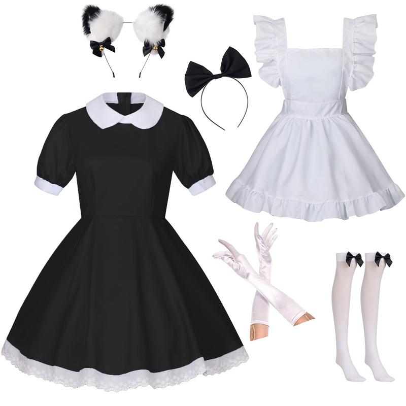 Women's Lolita French Maid Outfit Halloween Anime Costume with Apron Gloves Headband Socks 6 Pcs Set Cosplay Clothing cute fursuit