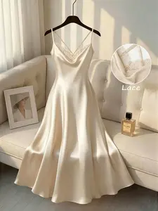 Plus Size Elegant Chic Dress, French Vintage Satin Deep V Necklace Edge, Back Cross Thin Band Design, Evening Party Formal Occasion