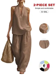 Women's Linen Breathable 2-Piece Set, Sleeveless V-Neck Halter Top & Baggy Wide-Leg Pants, Summer Casual Basic, Comfortable & Stylish