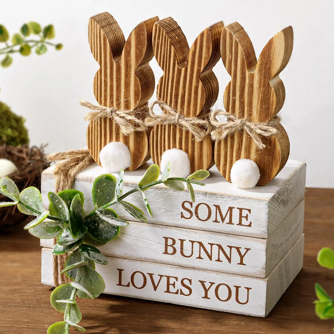 Easter Decorations: 6PCs Rustic Easter Wooden Bunny Book Stack Table Signs, Natural Wood Rabbits White Distressed Decorative Books, Farmhouse Easter Decor Tiered Tray Décor for Easter Gifts