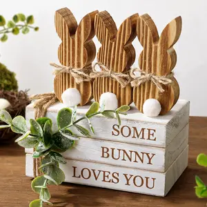 Easter Decorations: 6PCs Rustic Easter Wooden Bunny Book Stack Table Signs, Natural Wood Rabbits White Distressed Decorative Books, Farmhouse Easter Decor Tiered Tray Décor for Easter Gifts