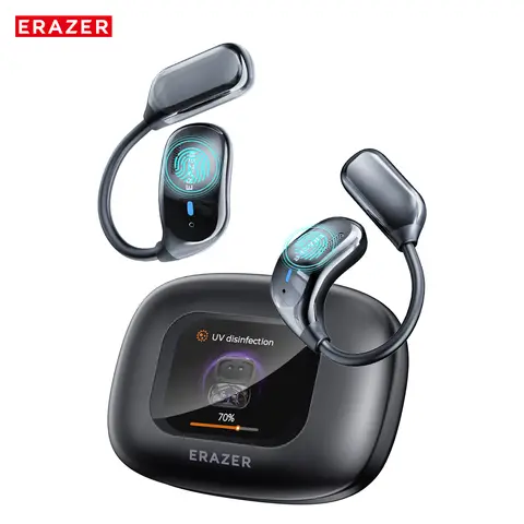 ERAZER XF23 UVC OWS Wireless Bluetooth Open Earbuds - Gaming Earbuds with Deep UV Cleaning, Touch Control, HIFI Stereo, LCD Full-Color Display, Silicone Build, Mic, Charging, Stable Connection, Exercise-Friendly for Music & Calling