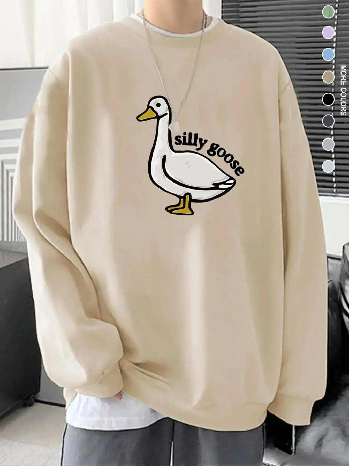 Men's Goose & Letter Print Drop Shoulder Sweatshirt, Regular Fit Casual Comfy Long Sleeve Pullover for Spring & Fall, Men's Clothes for Daily Wear