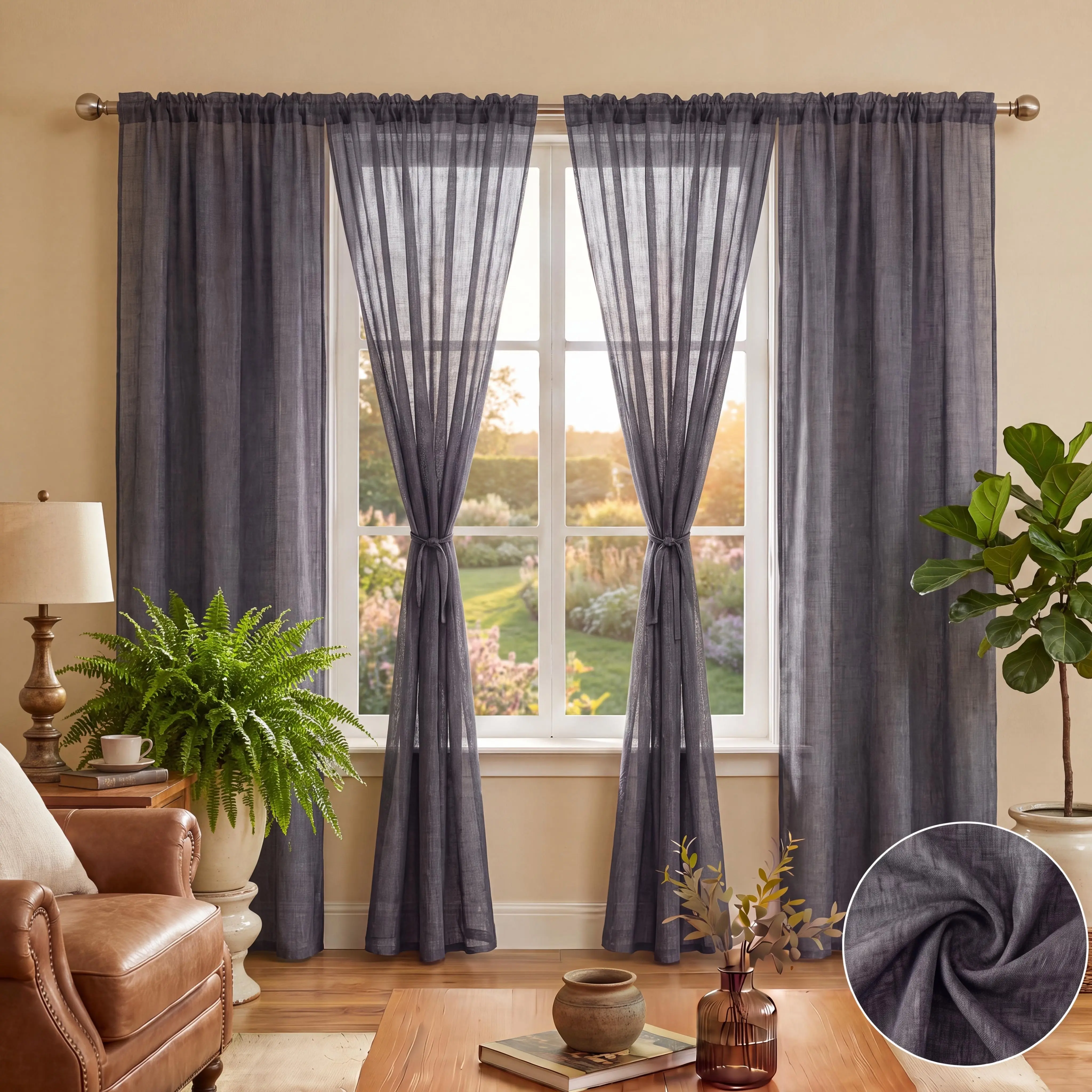 Premium Faux Linen Polyester Semi-Sheer Rod-Pocket Curtains, 4-Piece 34x84in Solid-Color Stretch Long Luxury Flat Weave Drapes, Anti-Shrink Breathable Lightweight Easy Install Fit for Bedroom, Living Room, Vintage Home Decor (L21)