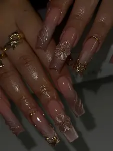 (MTO) Handcrafted Wearable Nail Art Nude Cat Eye & 3D Pink Floral Accents Fashion Hand Accessories