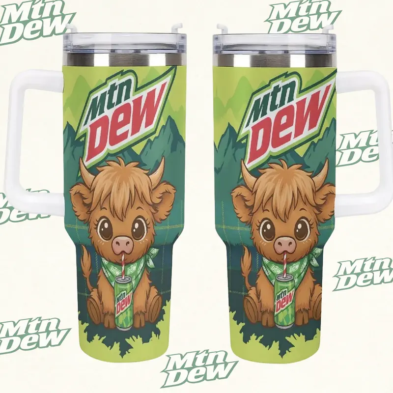 Mtn Dew Highland Cow Tumbler - 40oz Travel Mug - Cute Baby Cow Graphics, Mountain Landscape Design, Dew the Moo Adorable Highland Cow Mtn Dew Aesthetic 40oz Travel Cup, mother's day Perfect Gift for Soda Lovers & Farm Animal Fans, summervibes, dealsforyou