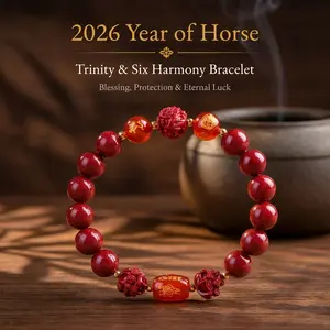 Pup CZ Ethnic Chinese New Year Style Cinnabar Trinity Harmony Bracelet-Bangle - Eco-Friendly 2026 Year of Horse Beaded Amulet with Protection Spell, Harmony Symbols, Astrology Lifestyle Luck - Unisex Costume Jewelry Daily Gift