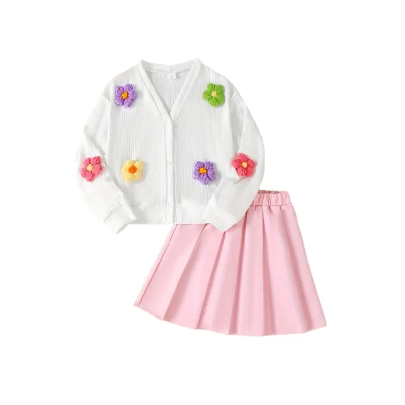 Ready Stock 8-12Y Tween Girls' Two-Piece Set Crochet White Cardigan and Pleated Skirt Outfit Suitable for Outdoor Wear Casual Outing Party Vacation Creative Gift 42505005