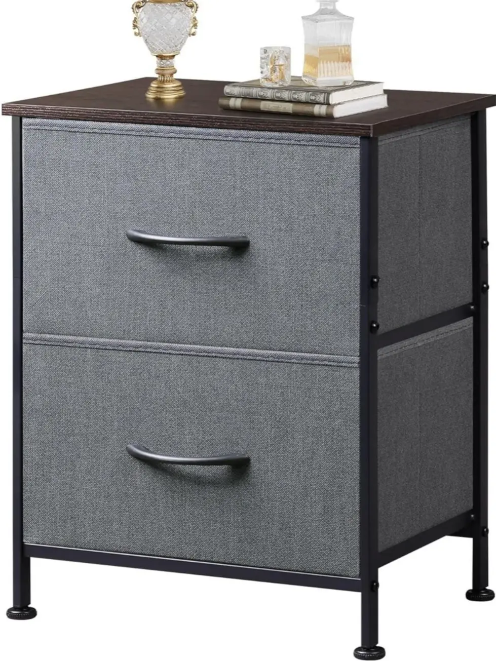 Dark Grey 2-Drawer Nightstand with Removable Fabric Storage Bins, Compact Bedroom Bedside End Table for Bedroom Decor, College Dorm Home Organization Furniture