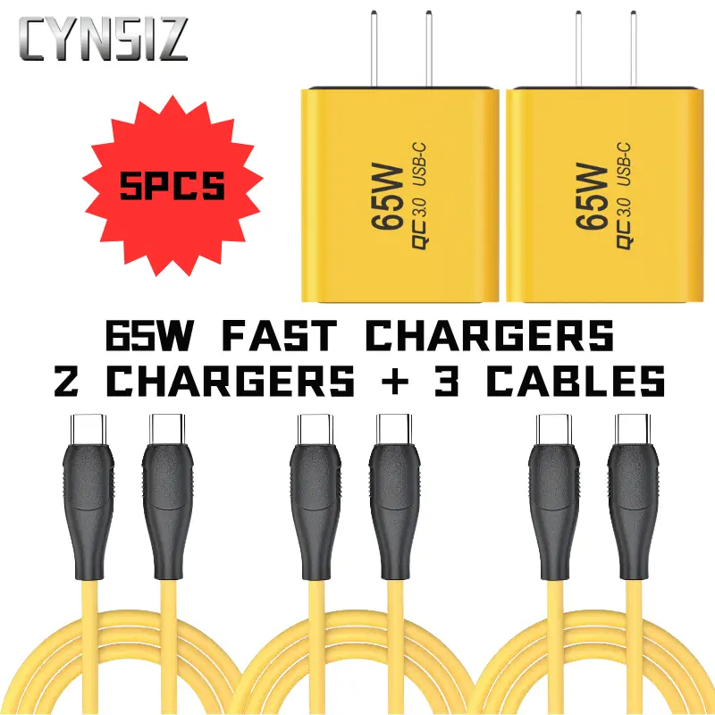65W GaN Fast Charger Set - 2-Pack Charger & 3 Type-C to Type-C Cables, 4-Port PD/QC3.0 Quick Charge, 3.3ft Tangle-Free Data Cables for Phone, Tablet, Laptop