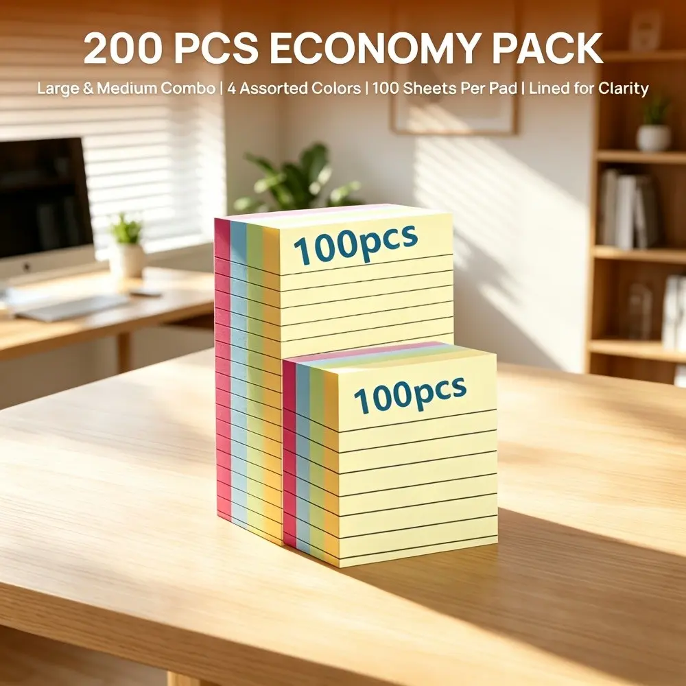 200 Sheets 4-Color Sticky Notes Memo Pads, Tear-Off Large And Medium Size Combo, Office School Home Stationery Notepads, Random Colors