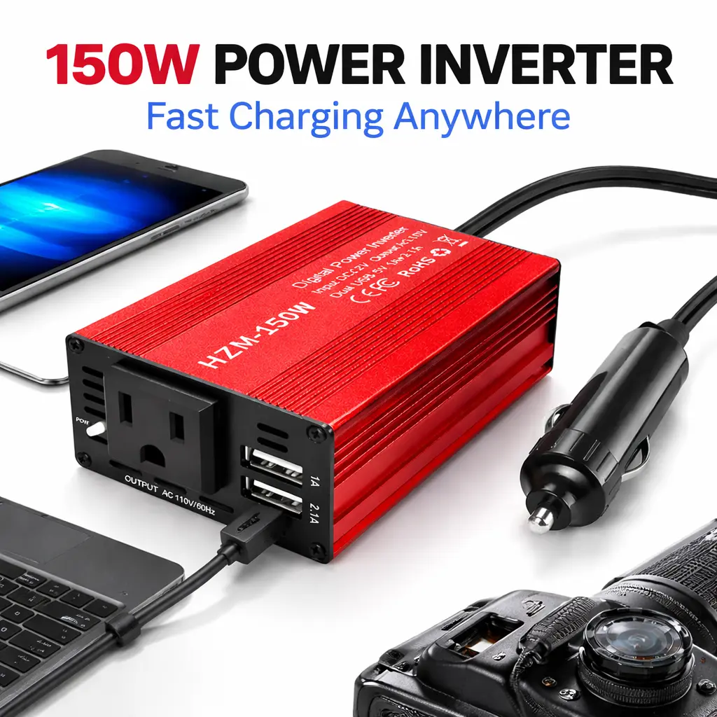 【DealsForYou】150W Car Power Inverter 12V DC to 110V AC Converter with 3.1A Dual USB Charger 20W Type-C USB-A PD3.0 QC3.0 Ports for Fast Charging Laptops Phones & More Red
