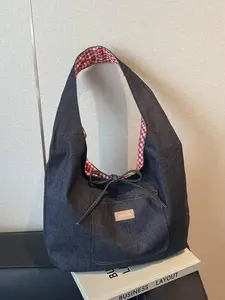 Vintage Denim Hobo Tote Bag, Gingham Lined Drawstring Shoulder Bag, Y2K Style, Fashionable Accessory for Women, Unique Bags