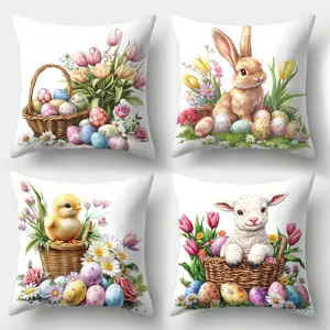 4pcs Easter Flower Pillow Cover Set, Holiday Decoration Sofa Cushion Cover, Sofa Home Decoration, Room Decoration, Office Decoration, Living Room Decoration, Sofa Decoration, No Pillow Core, Single-sided Printing
