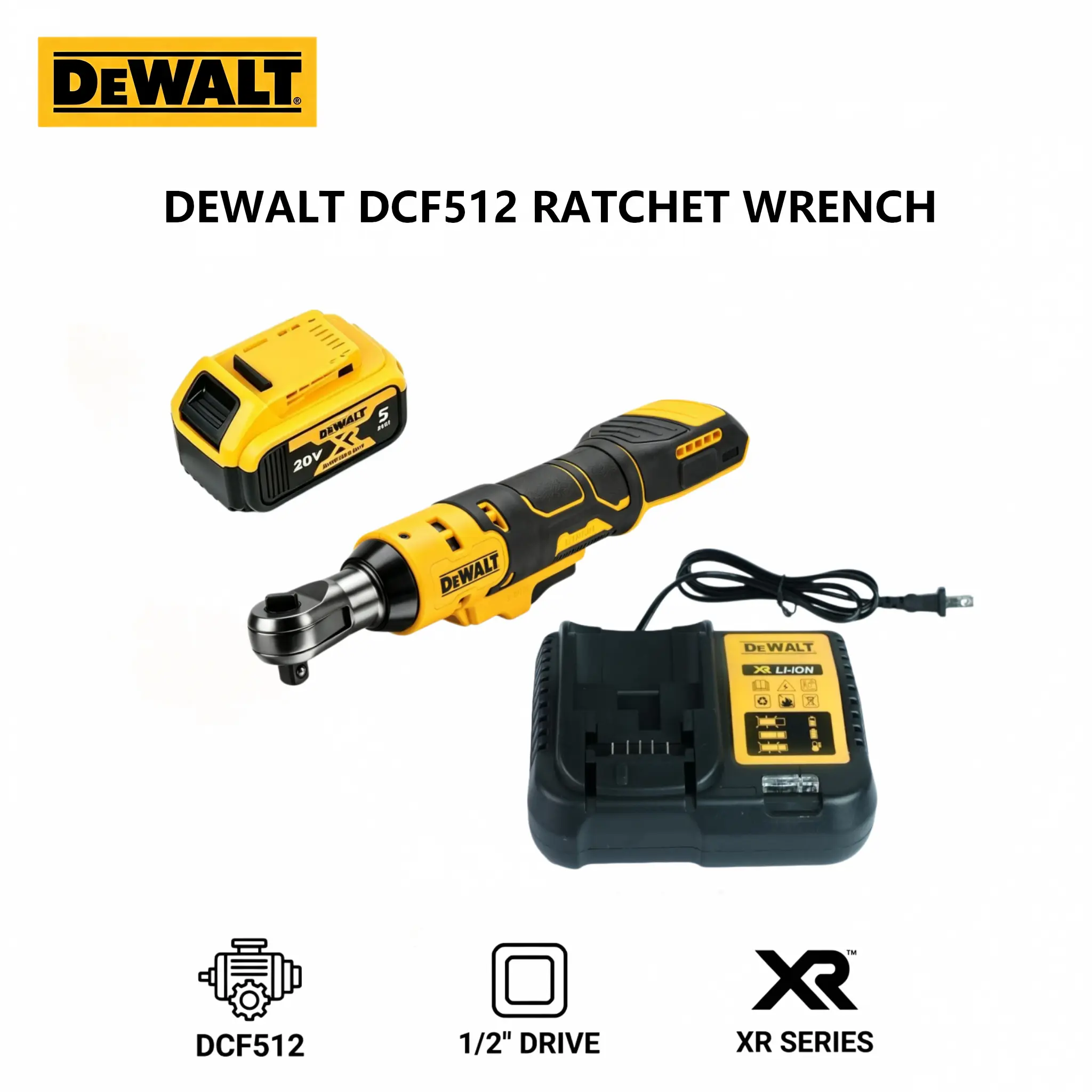 DEWALT DCF512 1/2 Inch Cordless Ratchet Wrench - Ball Detent Square Drive, 95 Nm Torque, Built-in Working Light, Slim Handheld High-Power Tool for Auto Service, Confined Space Bolt Disassembly