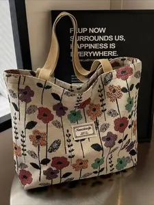 Women's Floral Print Large Capacity Tote Bag, Fashionable Durable Synthetic Fiber, Zipper Closure, Spacious Design, All Seasons Casual Style, Canvas Tote Bags, Casual Shopping Bag