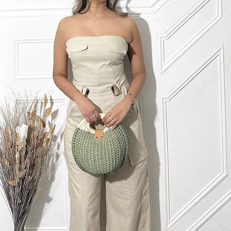 Cargo Linen Jumpsuit - Strapless Design with Belted Waist and Pockets for Women's Fashion