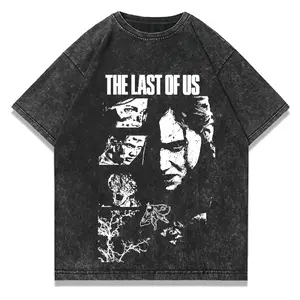 Vintage Washed Distressed The Last Of Us Short-Sleeve Round Neck T-Shirt, Oversized Joel Ellie Print Casual Men's Top, Retro Gamer Streetwear Tee