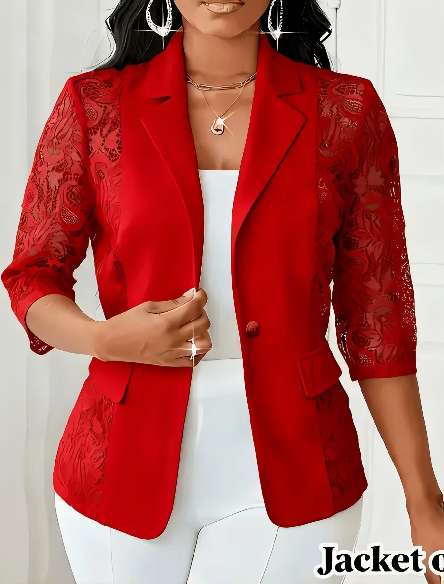 Red Lace-Trimmed Blazer with Three-Quarter Sleeves and Button Closure for Women's Fashion