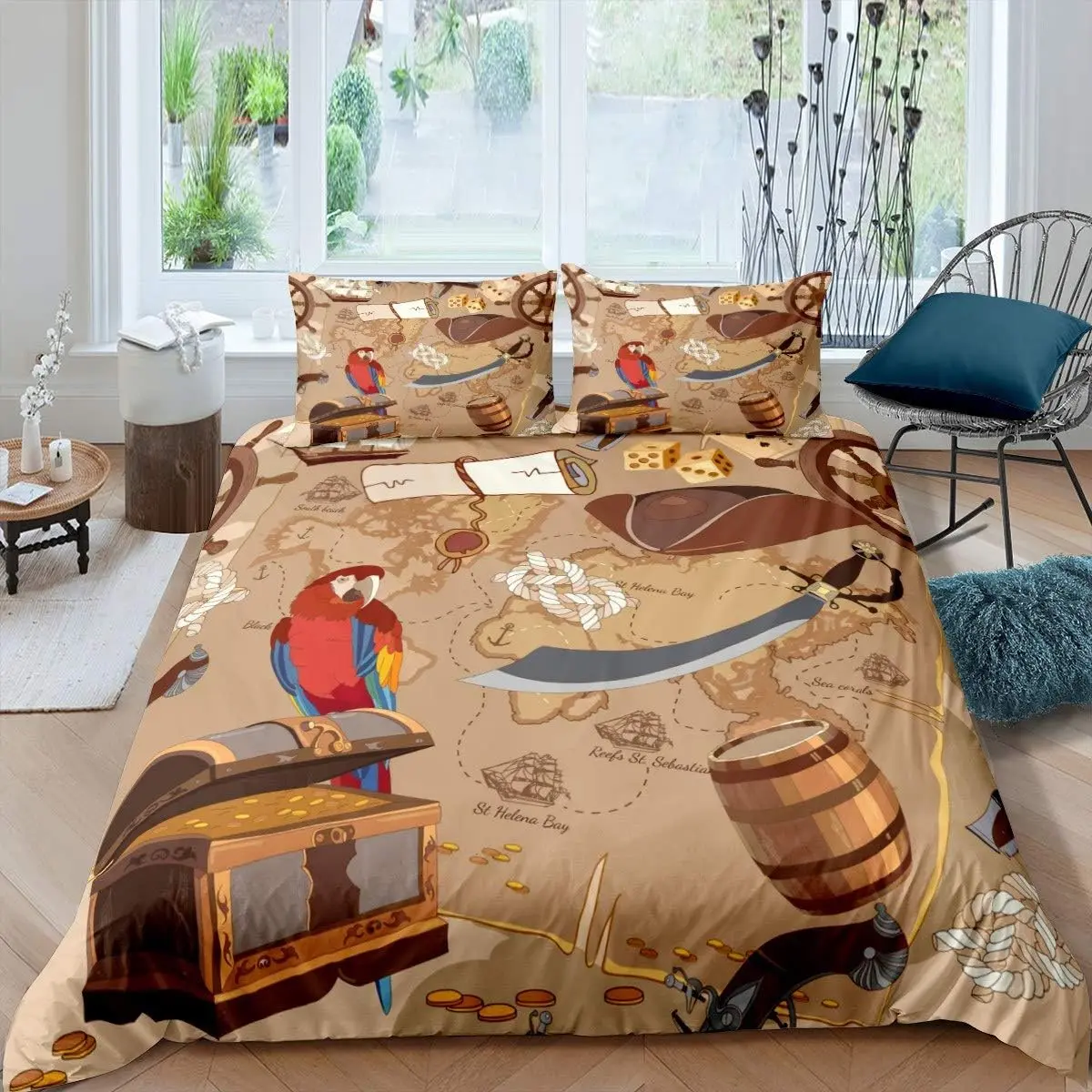 Feelyou Duvet Cover Set - 2Pcs Twin Size Breathable Microfiber Duvet Cover, Ocean Themed Retro Pirate Rudder-Printed Bedroom Bedding, Machine Washable Microfiber Bed Set (No Comforter), Bedroom Bedding Set