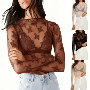 Kingapril Buauty Mesh Long Sleeve Top for Women, Lace Sheer Tops See Through Mock Neck Floral Embroidery Sheer Blouce Fishnet Shirt