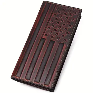 American Flag Embossed Full Grain Leather Wallet for Men,Vintage Slim Genuine Leather Bifold Checkbook Wallet with Multiple Credit Card Slots and ID Window - Perfect Gift for Boyfriend, Husband, or Father