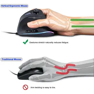 Vertical Ergonomic Gaming Mouse with 5 Direction Rocker 11 Programmable Buttons Wired Optical Mouse for PC Laptop Computer E Sports Professional
