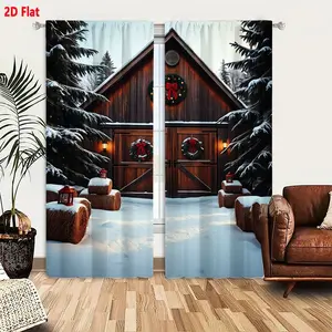 2D Flat 2-Piece Winter Snowy Barn Curtain Set, Gabled Roof Wooden Exterior Green Wreath Red Bow Lantern Decor, Cozy Festive Christmas Scene Thermal Blackout Curtains for Living Room Bedroom