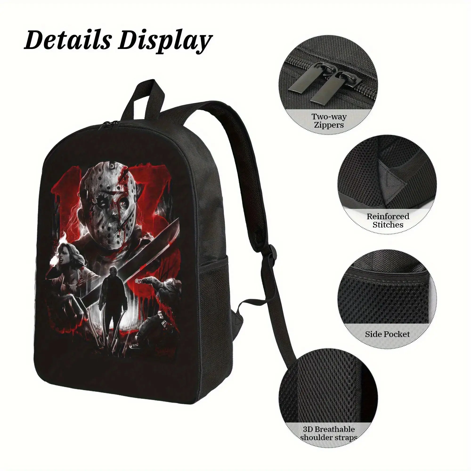 Men'S Friday the 13th Jason Voorhees Horror Backpack - Jason Mask & Knife Design, Lightweight Polyester School Bag with Adjustable Shoulder Straps & Zipper Closure, Vintage 80s Movie Backpack for Halloween, Camping, School - Horror Fan Gift (Official Fri