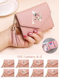 Pink Foldable Short Wallet PU Leather Wallet, Letter A-Z Flower Pattern, Multifunctional Coin Purse, Fashionable Women’s Card Holder, Mini Tassel Wallet, Waterproof Portable Women’s Wallet, Mini Wallet, Small Wallet, Cute Wallet, Stylish Wallet