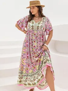 Plus Size Patchwork Floral Print Tie Neck Contrast Lace Ruffle Hem Long Dress, Boho Butterfly Sleeve Smock Dress, Ladies Summer Clothes for Vacation, Plus Size Tummy Flattering Dresses, Womenswear