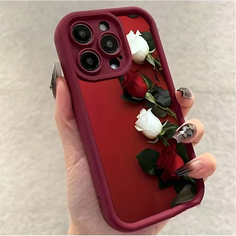 Elegant Romantic Red Base Rose Print Phone Case for  iPhone 17 16 15 14 Pro Max 13 12 11 XR XS SAMSUNG S26 S25 S24 S23 S22 Ultra Plus Soft Shockproof Lightweight TPU Material Sleek Shockproof Protective Cover for Floral Style Fans