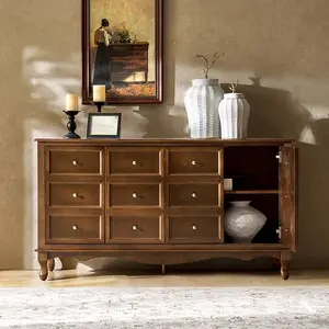 HULALA HOME Furniture Farmhouse 4-Door Sideboard with Faux Drawer Fronts & Adjustable Shelves , Wood Veneer Storage Cabinet for Dining Room, Living Room, Entryway