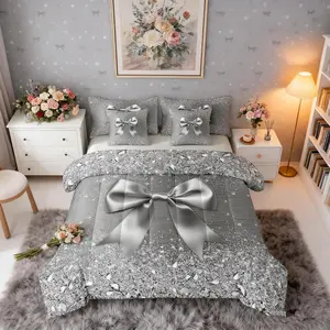 Cute Ribbon Bowknot Bed Bag,Comforter Bed Set,7 Piece,Kawaii Princess Bow Bedding Set,Grey Glitter Diamond Watercolor Bow Comforter,and Sheet Set