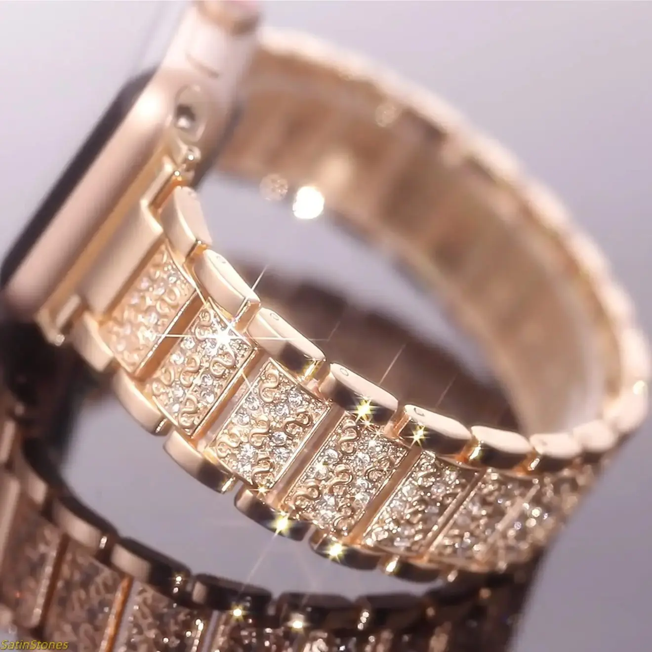 Three-Bead Full Rhinestone Strap Compatible for iWatch Series 1-11/SE/SE/SE3(38mm–46mm), Luxury Dressy Metal Band for Women, Adjustable Bling Bracelet Style (Watch Not Included)#Greenish #WatchBand