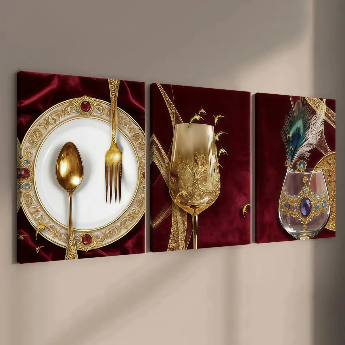 3-count wooden frame canvas, retro light luxury wine glass and tableware three-piece set artistic decorative poster, modern home decor, Artistic Indoor Decoration, suitable for corridor and bedroom walls, waterproof art ornaments, Aesthetic wall decor