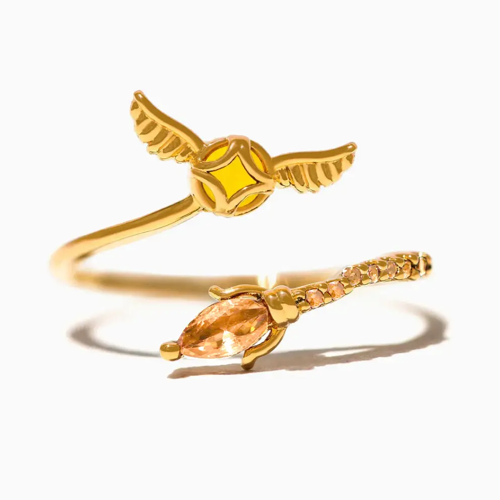 Golden Wing Broom Open Ring, Minimalist Adjustable Band, Vintage Magic Style Jewelry