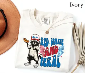 Comfort Colors Red White and Feral Shirt, Patriotic Funny Raccoon Shirt, 4th of July Shirt, Hotdog Shirt, Funny USA Shirt, Merica Shirt - AL