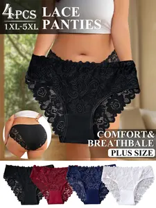 4pcs Plus Size Sexy Lace Panties, Full Coverage Lace + High Elastic Fabric, Soft Smooth Skin-Friendly, Zero Restriction, Micro Plump Hot Girl Essential